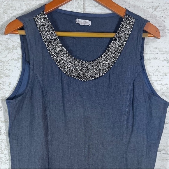 LINA TOMEI 100% Linen Blue Sleeveless Dress Beaded Neckline Side Pockets Size L - Picture 2 of 13